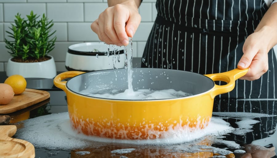 Person hand-washing ceramic pan with soft sponge under running water at kitchen sink