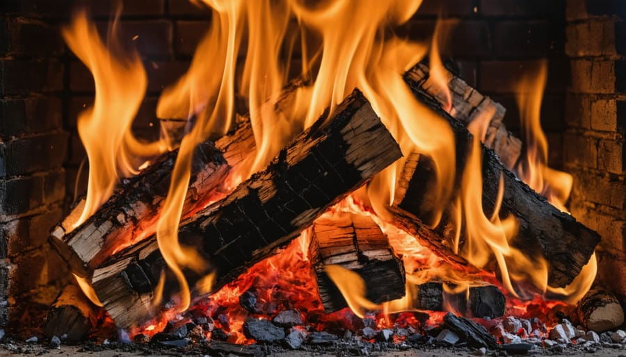 Hardwood logs burning with bright flames and glowing coals in brick fireplace