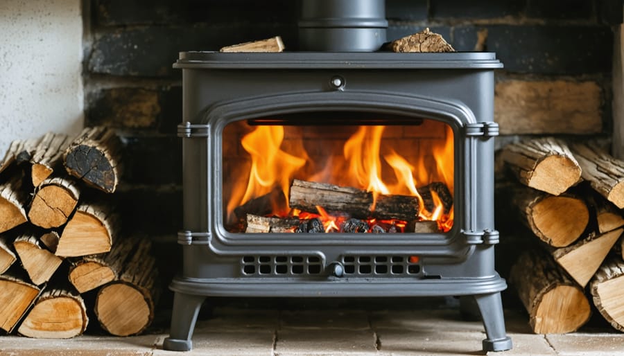 Heat-powered fan sitting on stove top distributing fireplace warmth