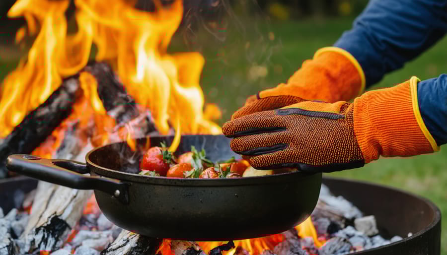 Hands wearing leather heat-resistant gloves safely handling cast iron cookware over fire pit