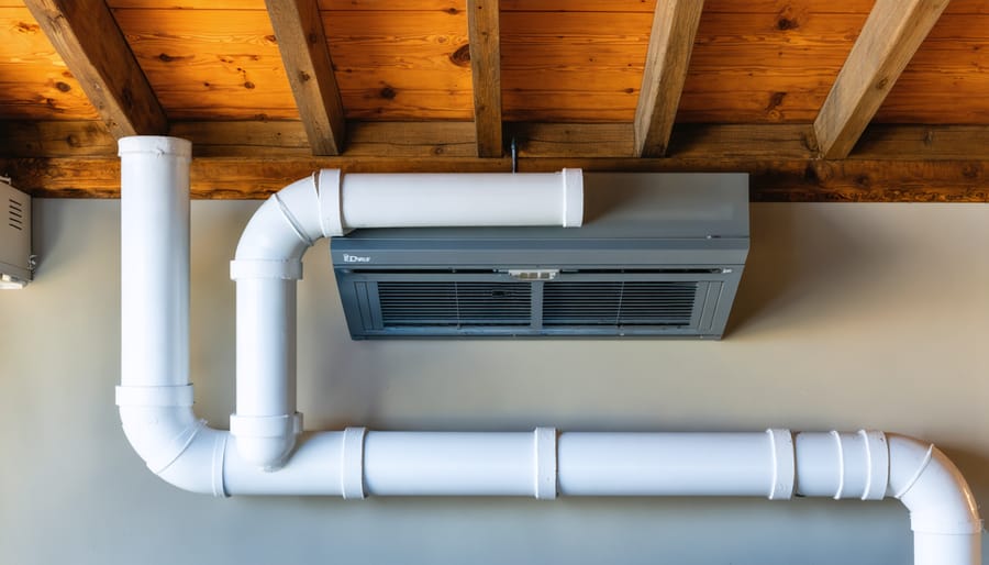 PVC venting pipes for high-efficiency furnace alongside traditional metal chimney on home exterior