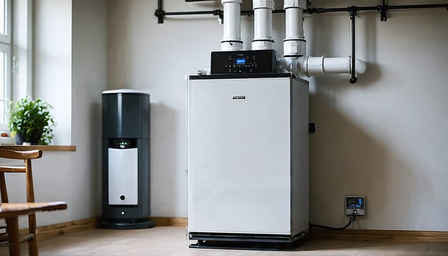 High-efficiency condensing gas furnace with dual PVC vent pipes and a condensate drain in a tidy residential utility room, with blurred ductwork and an unbranded water heater in the background.
