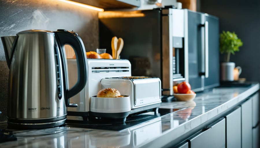 Modern kitchen counter showing electric kettle steaming, toaster glowing, microwave lit, and oven preheating, with cool tones and warm appliance glows; refrigerator and breaker panel softly blurred in the background.