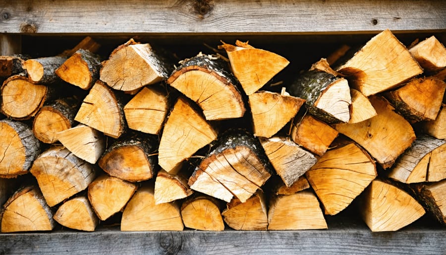 Circular holz hausen firewood stack with air gaps between split logs elevated on pallets