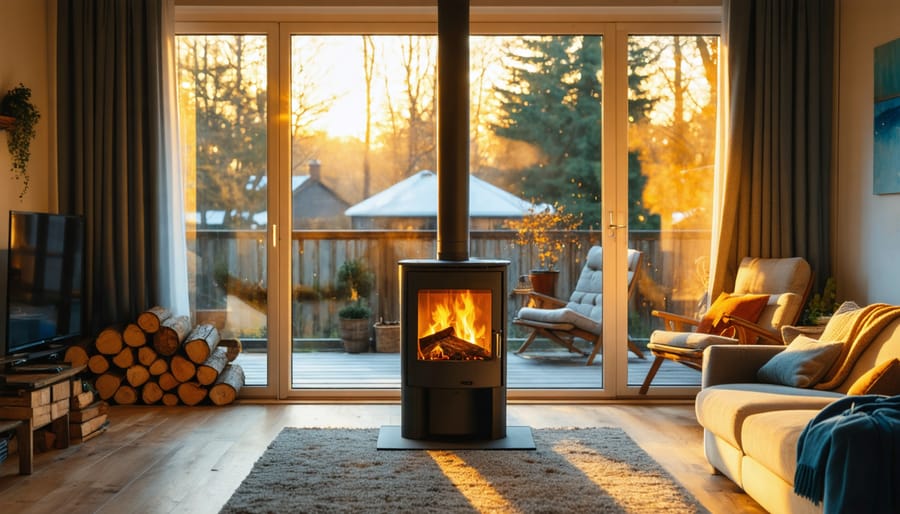 Modern living room with a glowing pellet stove, winter sunlight streaming through south-facing windows, open insulated curtains, stacked firewood, a door draft stopper, and a small space heater near an armchair.