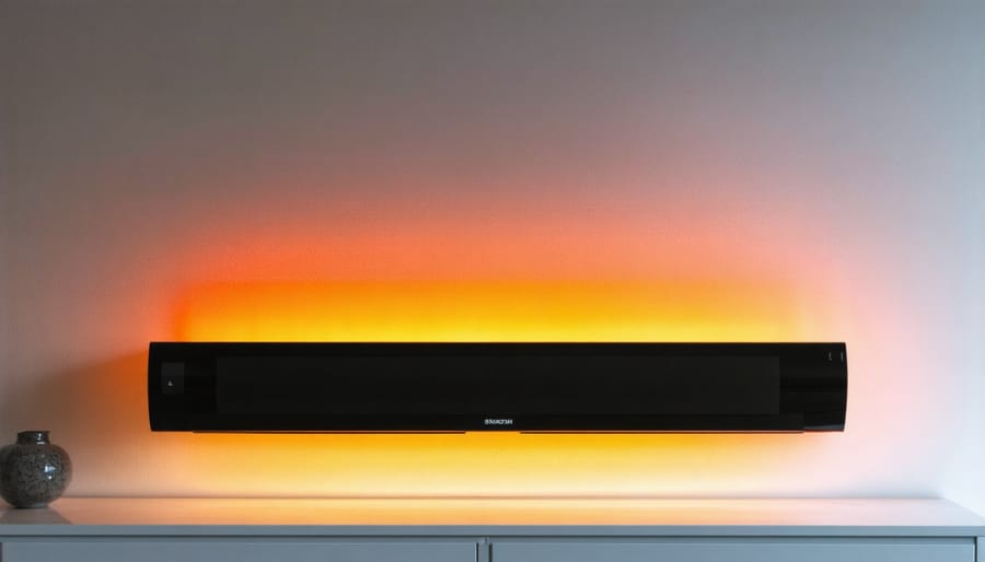 Contemporary infrared heating panel mounted on living room wall in modern home interior