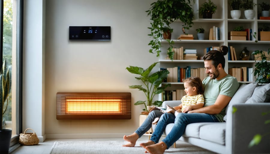 Modern living room with a slim wall-mounted infrared heating panel softly glowing while parents and child sit on a sofa at a safe distance, in soft natural daylight with warm earth tones and plants in the background.