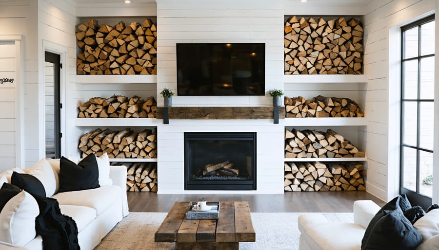 Straight-on view of a living room fireplace wall with a matte black electric insert set in whitewashed brick, reclaimed wood mantel, built-in shelves, shiplap, and a geometric firewood niche in soft natural light.