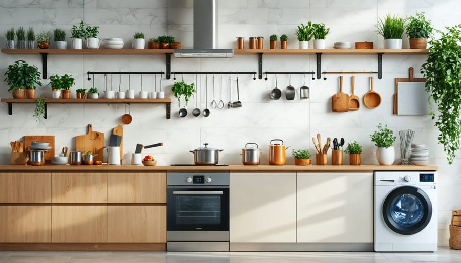 Modern kitchen counter with multiple small appliances including coffee maker, toaster and blender
