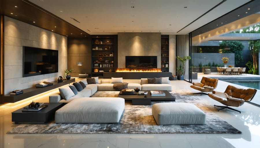 Wide view of a large modern living room where a wall-mounted TV faces a sofa and a fireplace sits on the adjacent wall, with angled accent chairs, layered rugs, floor lamps, a low console, and a subtle open-plan dining area in the background.