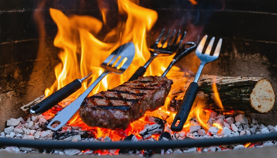 Long-handled stainless steel grilling utensils arranged near outdoor fire pit with glowing flames