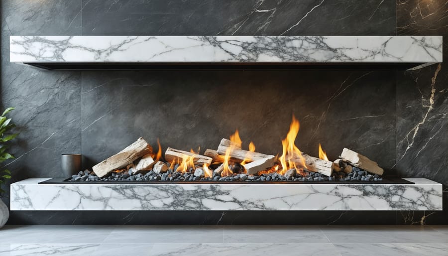 Modern living room with white marble fireplace surround featuring natural veining