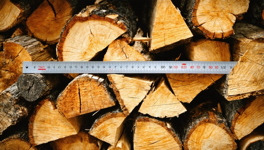 Homeowner measuring stacked firewood delivery with tape measure in driveway