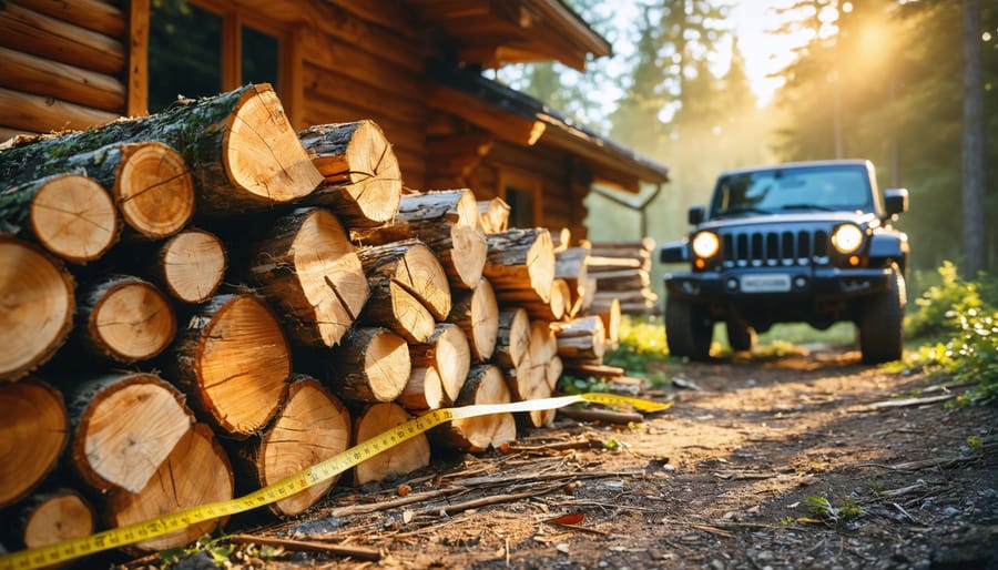 Gloved hand holding a tape measure along a neatly stacked firewood pile next to a rustic cabin at golden hour, with pine trees and a parked pickup softly blurred in the background