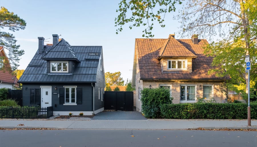 Medium-wide photo of two adjacent suburban houses, one with a dark charcoal standing seam metal roof and the other with warm brown architectural shingles, shot from an elevated 45-degree angle in soft golden-hour light with a tree-lined street and blue sky in the background.