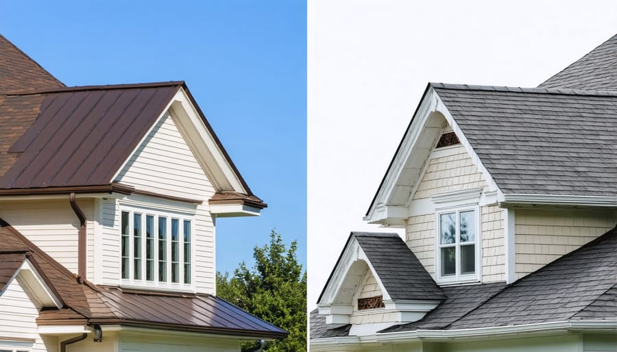 Suburban homes showing metal roofing on one side and asphalt shingle roofing on the other with brick chimney