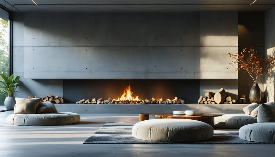 Contemporary concrete fireplace hearth in minimalist modern living room
