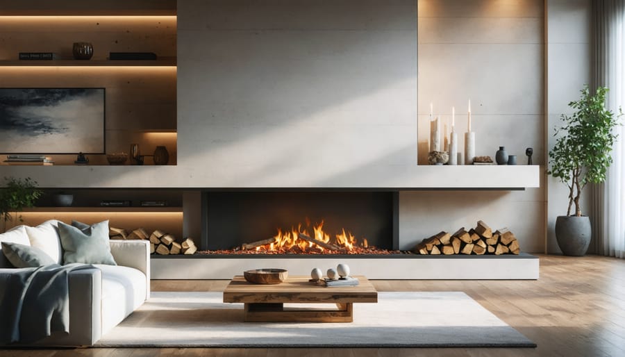 Modern living room with sleek linear fireplace insert integrated into white stone surround