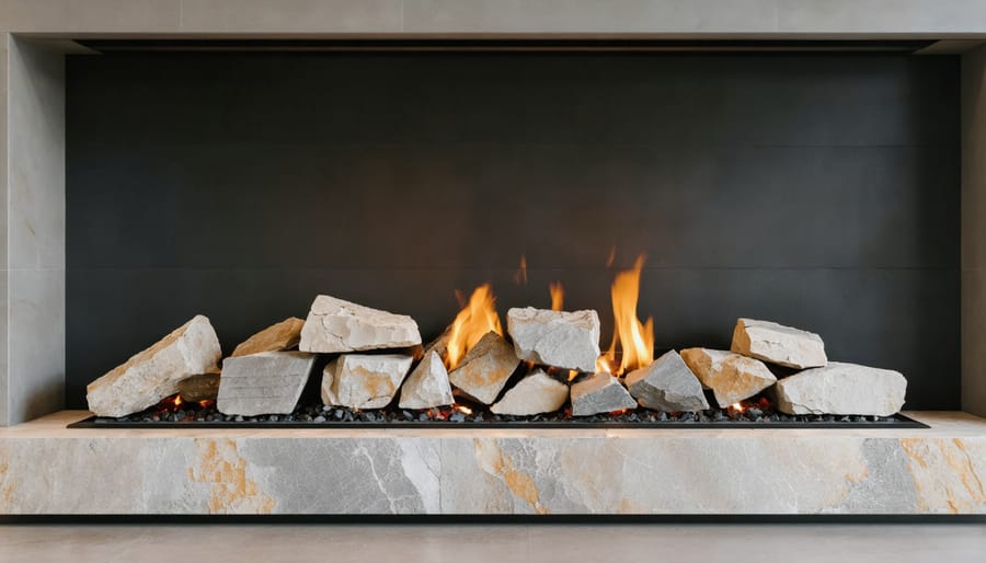 Elegant gray slate fireplace hearth in modern living room setting