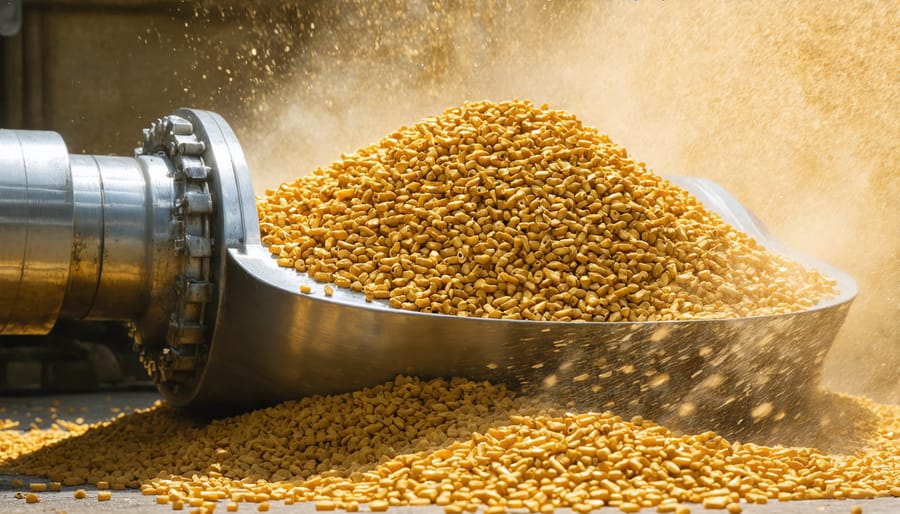 Close-up of wood pellets in hopper showing moisture contamination and sawdust buildup