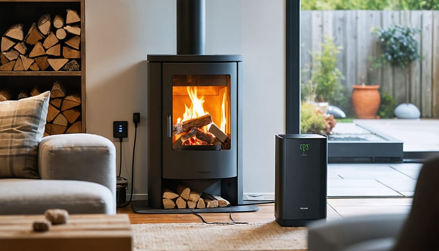 Modern pellet stove operating in a living room, power cord plugged into a wall outlet with a small UPS battery backup beside it, warm fire glow and cool window light, with blurred furnishings and plain pellet bags in the background.
