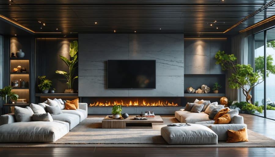 Living room layout with fireplace and TV on adjacent perpendicular walls creating separate seating zones