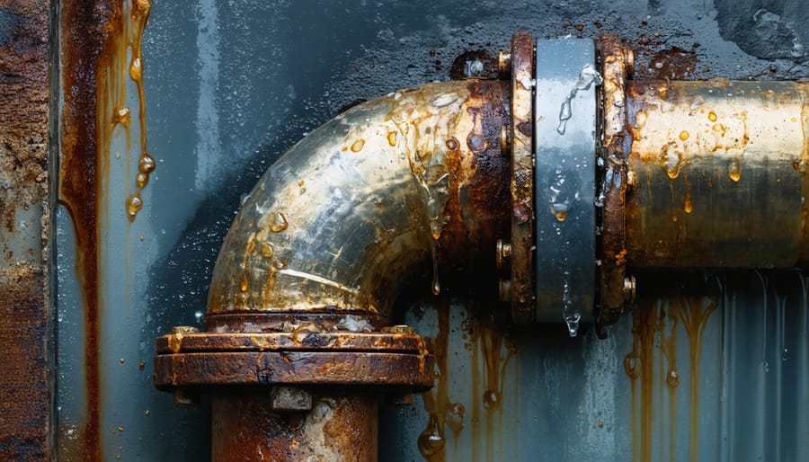 Close-up of corroded pipe showing moisture damage and condensation droplets