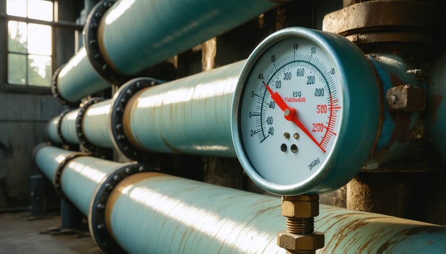 Pipe thermometer attached to wood stove pipe with fire burning in background