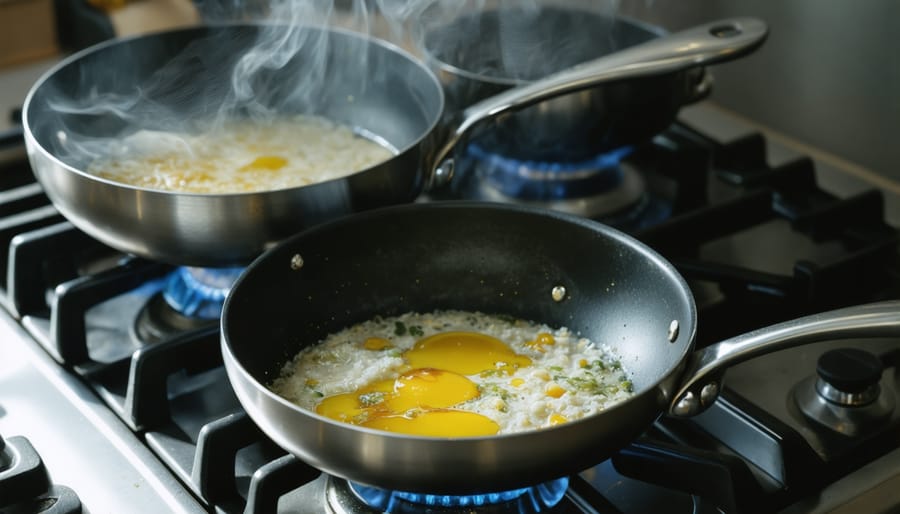 Close-up of stainless steel pan heating on gas burner with oil beginning to shimmer