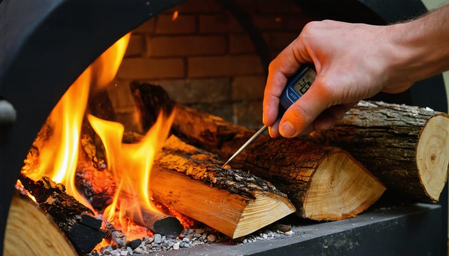 Hand using a moisture meter on split firewood in front of a modern wood stove with bright flames, with neatly stacked seasoned logs blurred in the background under warm evening light