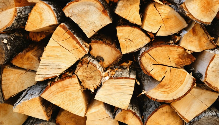 Close-up of split oak firewood logs showing bark texture and growth rings