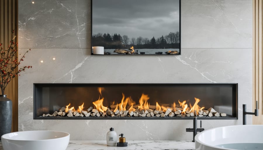 Professional installer sealing fireplace pipe joint during bathroom installation