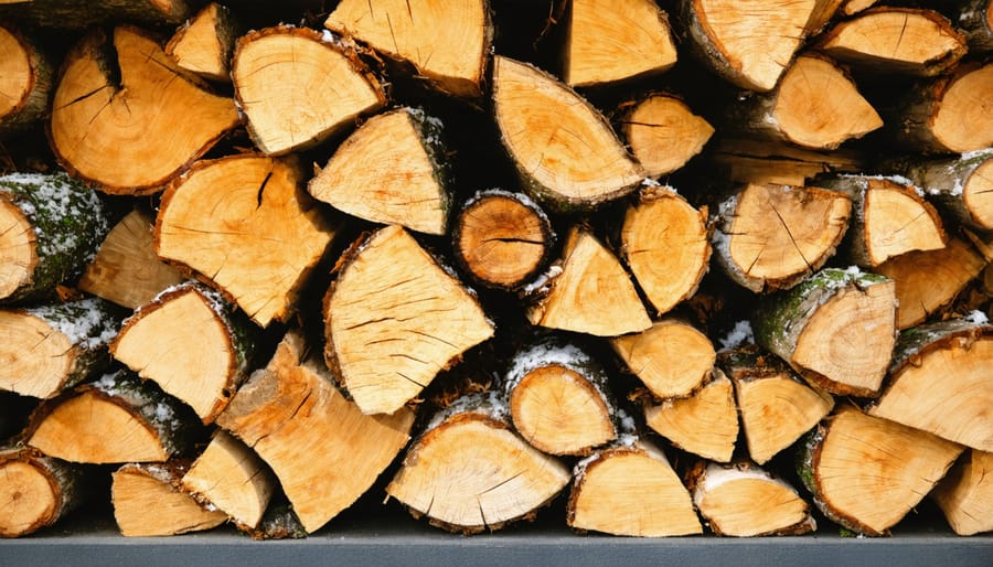 Organized outdoor firewood storage shed with neatly stacked seasoned logs
