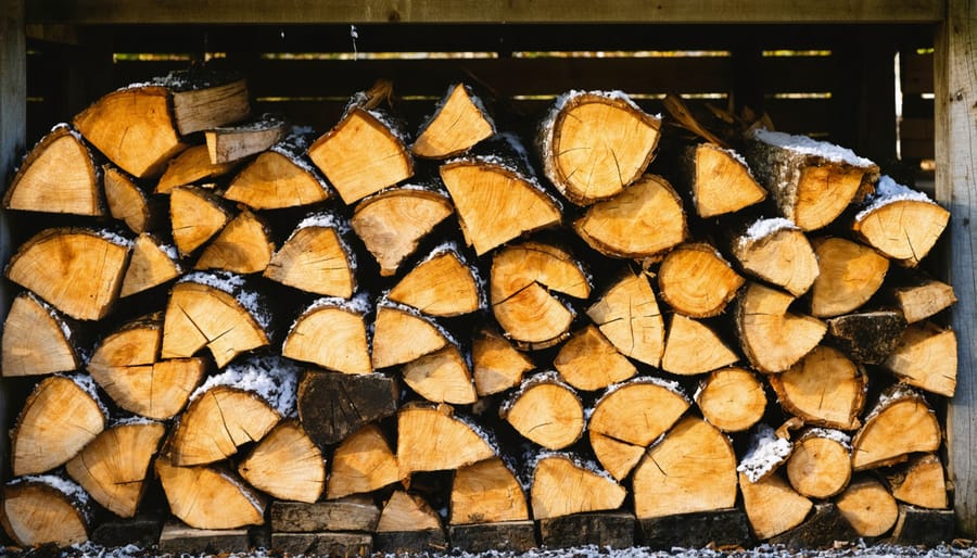 Open-sided firewood storage shed with covered roof and neatly stacked split logs