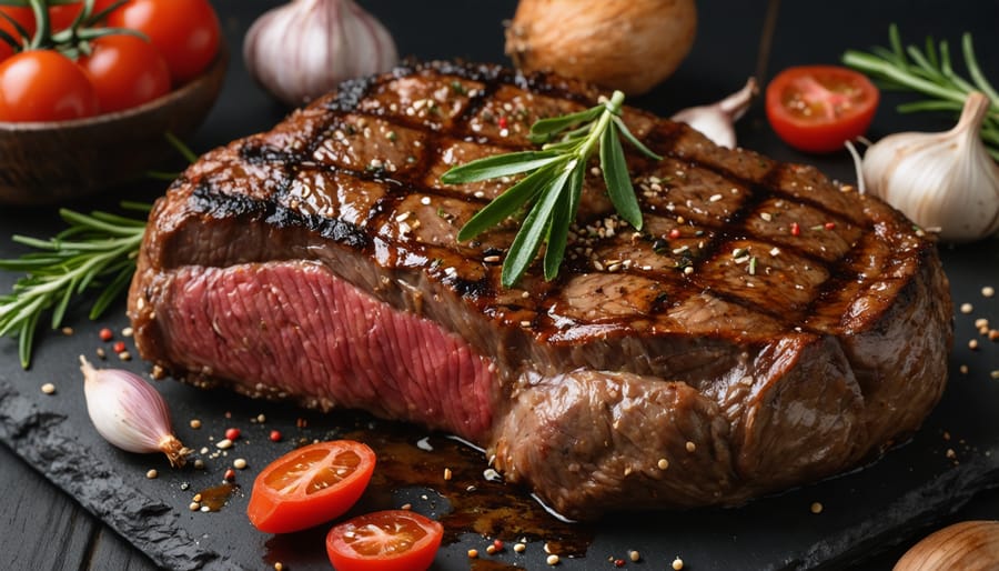 Close-up of meat thermometer probe being properly inserted into beef brisket