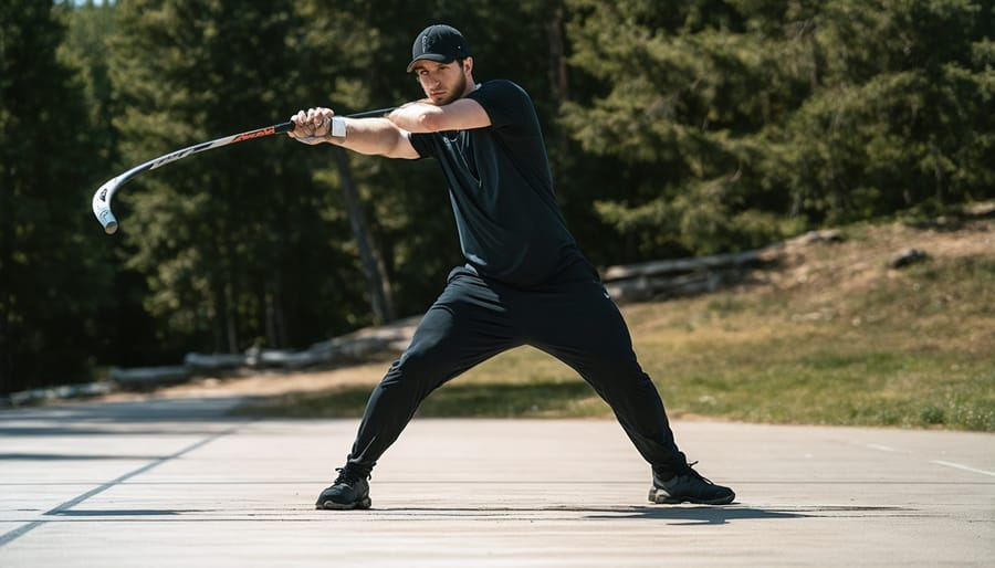 Person demonstrating correct wood splitting stance and swing technique with maul