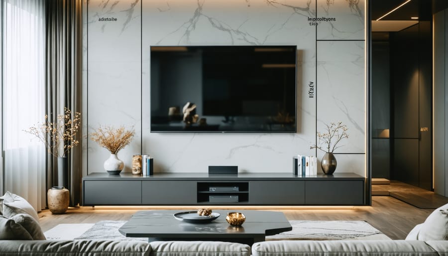 Side view showing proper TV mounting height and viewing distance from sofa in living room