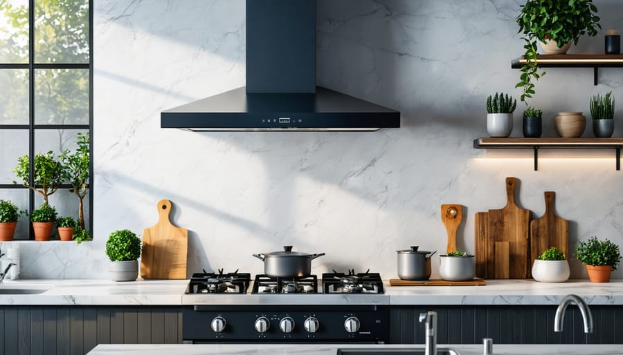 Modern range hood ventilation system installed above gas stove in contemporary kitchen