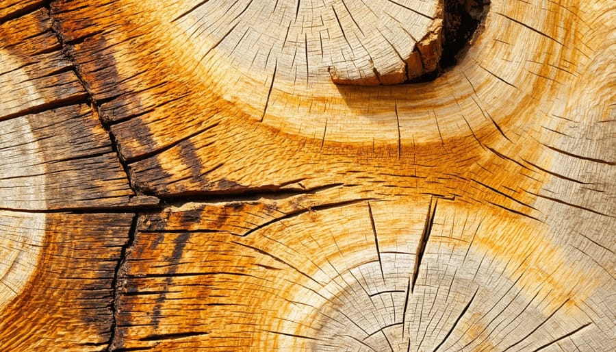 Close-up of split oak log showing natural grain lines and radial cracks
