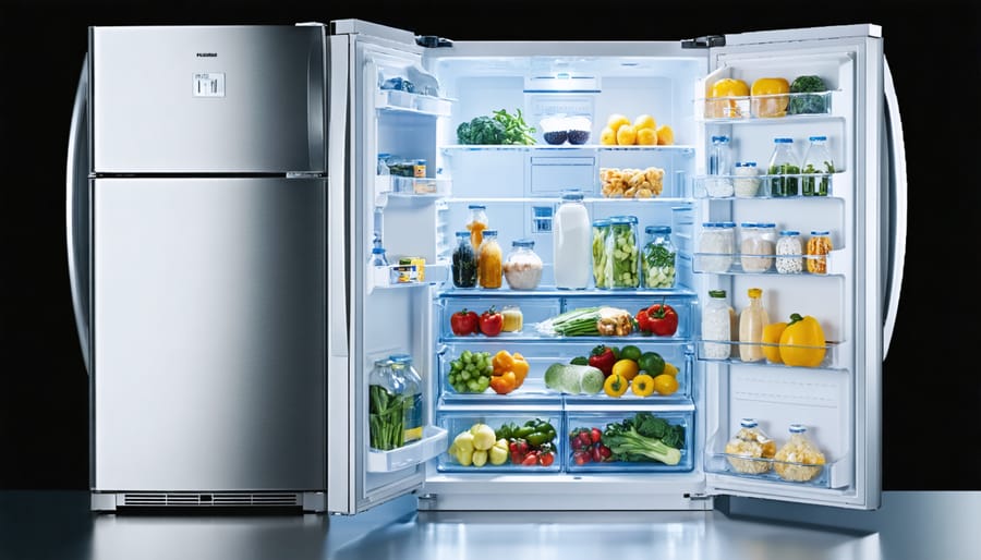 Open refrigerator showing stocked shelves with fresh food items