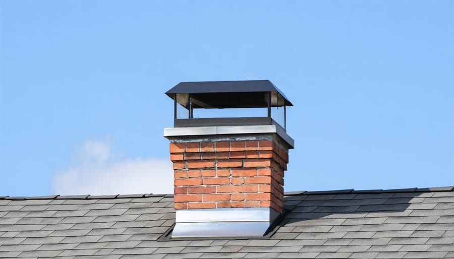Chimney pipe with flashing and storm collar installed on RV roof