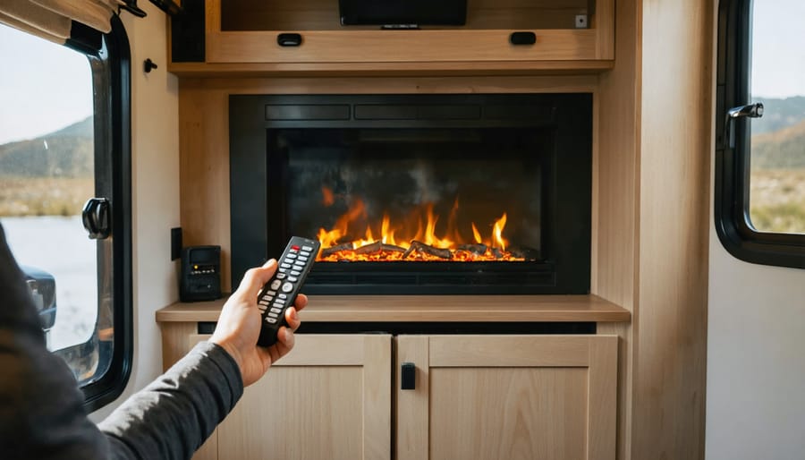 Hand holding a remote toward a built-in electric fireplace inside an RV, with soft daylight and a slightly open breaker panel and coiled power cord blurred in the background.