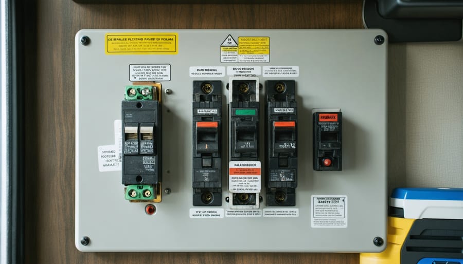RV electrical panel showing circuit breakers and wire connections