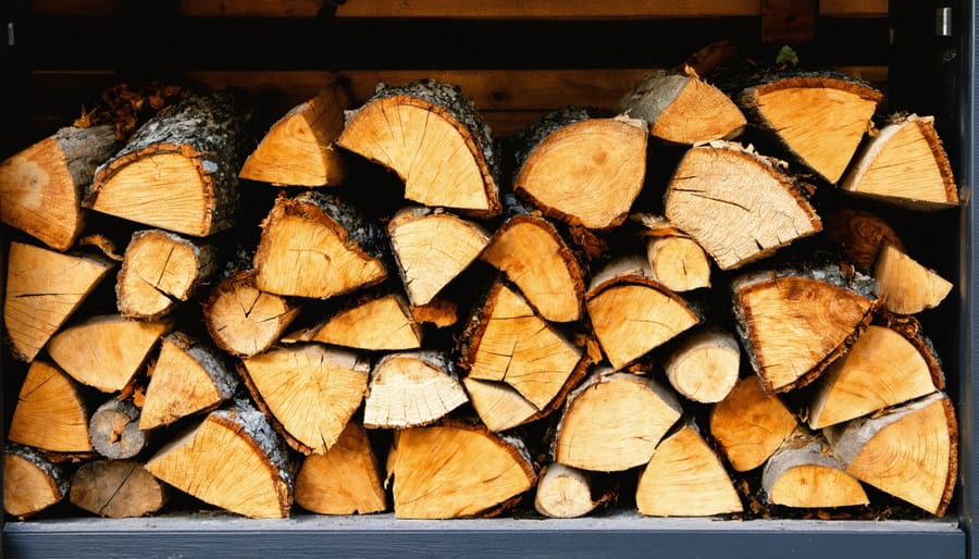 Hands stacking split firewood in RV storage compartment