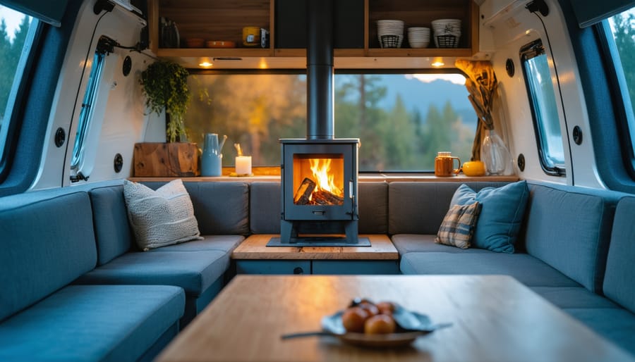Compact marine-grade wood stove in a modern RV, mounted on a tile hearth with metal heat shields and clear space around it, double-wall stainless stovepipe venting through the ceiling, warm interior lighting with the kitchenette softly blurred in the background.