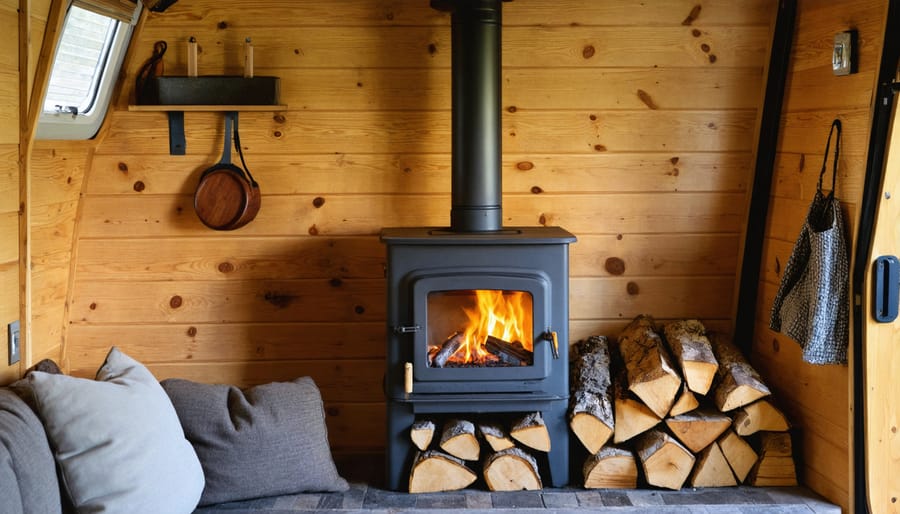 Wood stove with visible fire installed in RV interior with heat shields