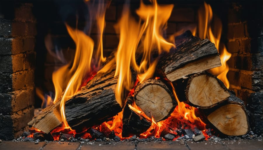 Clean burning fire in stone fireplace with properly seasoned natural firewood
