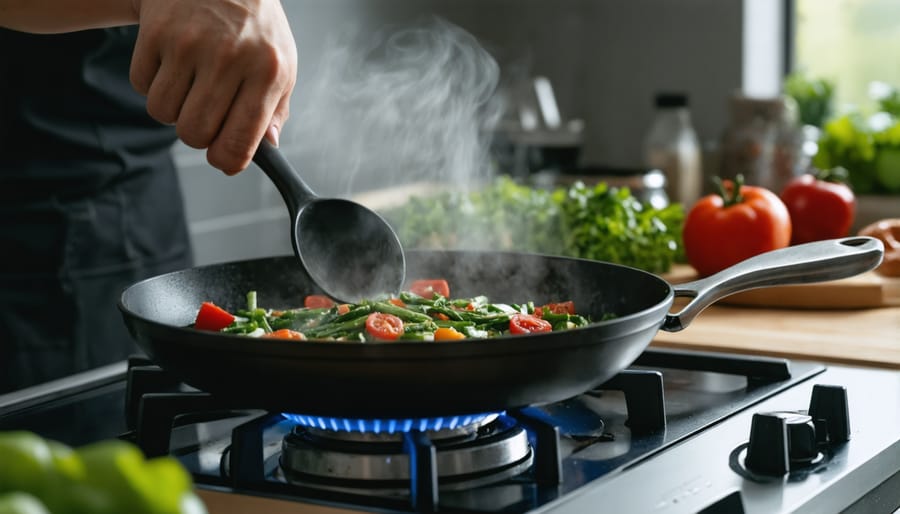 Close-up of vegetables being sautéed in pan on electric stove