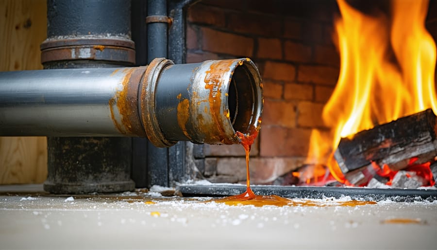Close-up of hands sealing stove pipe connection joint with high-temperature sealant