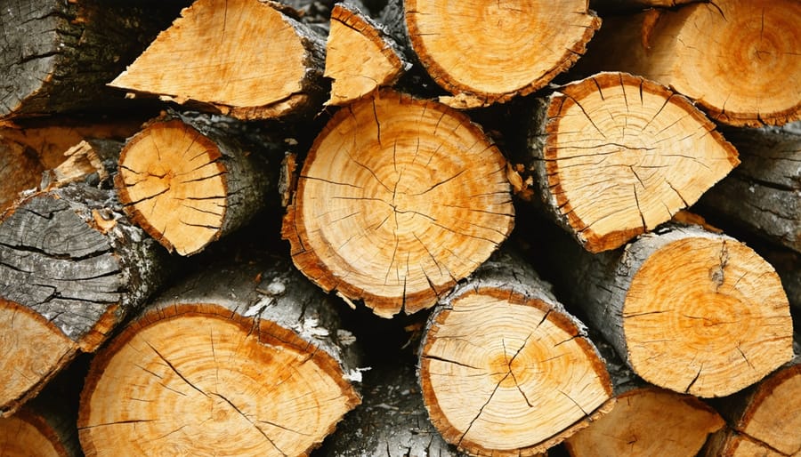 Close-up of seasoned oak firewood logs showing radial cracks and weathered bark